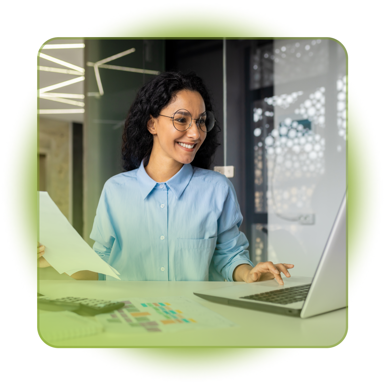 Woman smiling on computer organizing files